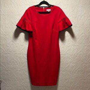 Calvin Klein Red Midi Dress with Ruffle Sleeves